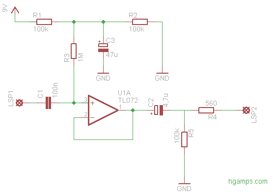 Non inverted operational amplifier with TL072. 