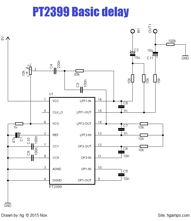 Easy pt2399 circuit. Basic guitar delay effect circuit. DIY guitar pedal version.