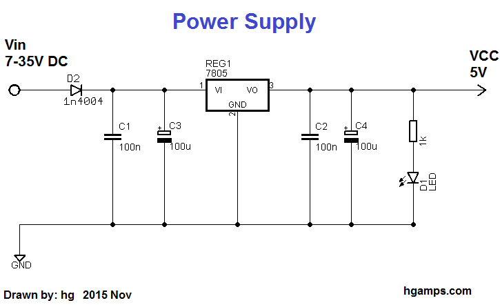 7805 based voltage regulator circuit. Delay effect power supply.