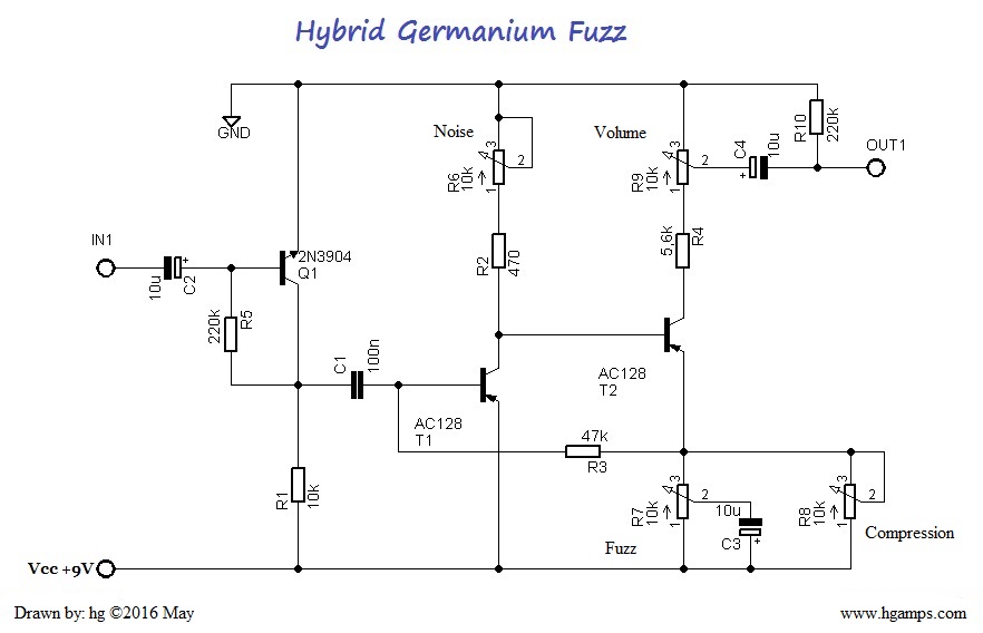 Hybrid Germanium fuzz basic circuit. Use NOS germanium transistors.