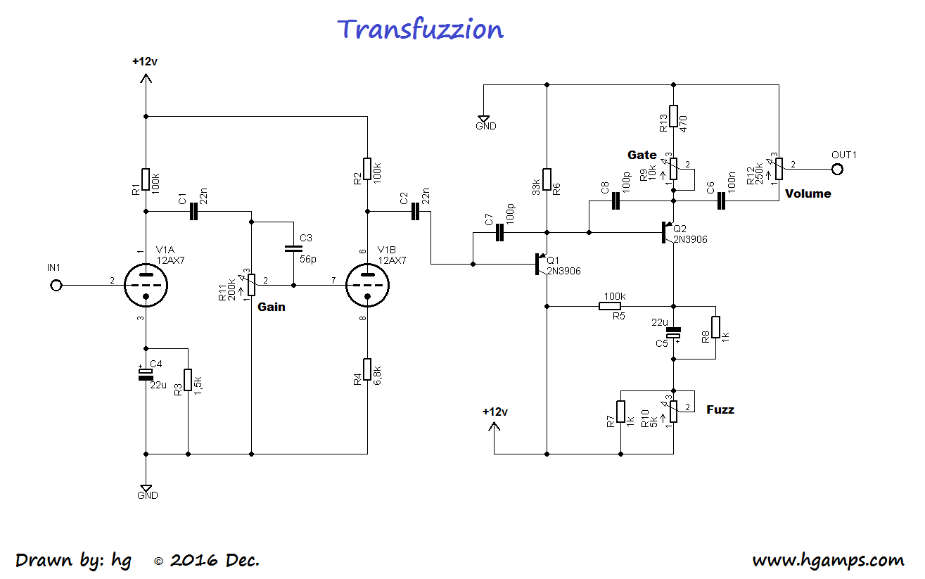 Transfuzzion, one 12AX7 tube and silicon fuzz face. 