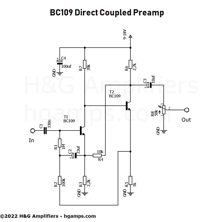 Direct Coupled Preamplifier with BC109 Transistor
