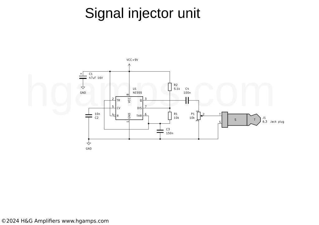Signal injector unit, 555 timer multivibrator circuit